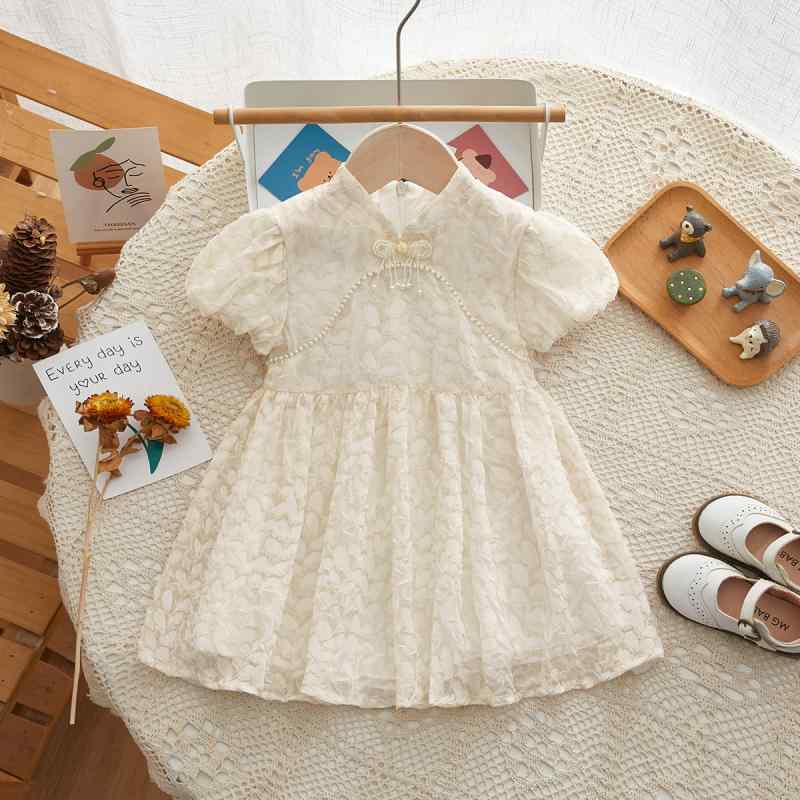 キッズ 女の子 ワンピース 夏 中国風 パフスリーブ 半袖 Aラインスカート アプリコット ポリエステル ..