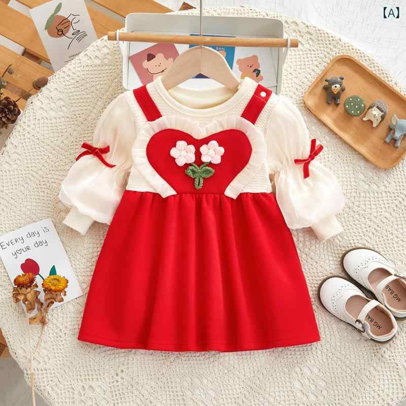ワンピース 女の子 ベビー キッズ 春秋冬 裏起毛 プリンセスドレス ハート 小花柄 綿 長袖 Aライン レッド ポリエステル裏地 普段使い お出かけ 1歳 2歳 3歳 幼児服