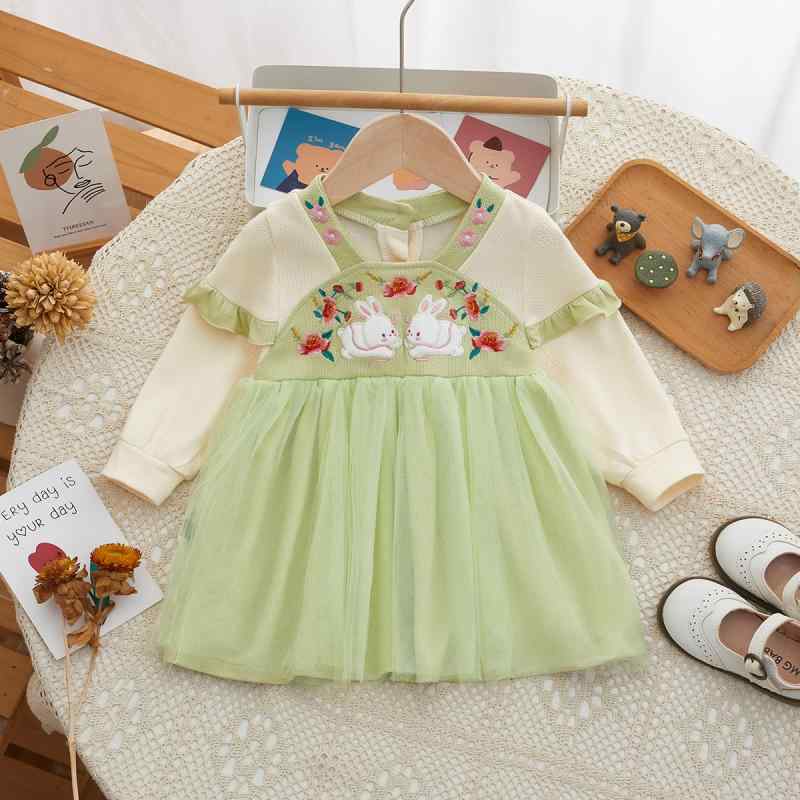 ワンピース キッズ 女の子 レトロ 中国風 花柄 チュールスカート コットン Aライン 長袖 グリーン 春秋 ドレス 子供服 フォーマル お出かけ着 普段使い