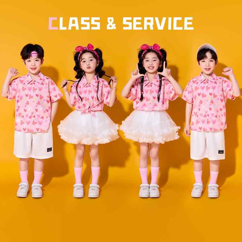 キッズダンス衣装 子供 小学生 幼稚園 チアリーダー ユニフォーム セットアップ 発表会 パフォーマンス 練習着 ハート柄 シャツ トップス ショートパンツ プリーツスカート ポリエステル 春夏