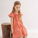ワンピース 女の子 キッズ 子供服 ガールズ ラミー 綿麻 コットンリネン フリル袖 ウエストリボン サンドウォッシュ加工 Aライン テラコッタレッド かわいい 春夏 普段着