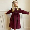 ワンピース キッズ 女の子 フレンチ コーデュロイ 長袖 レース ポケット かわいい リボン 配色切り替え ラウンドネック プリンセスライン ワインレッド ポリエステル