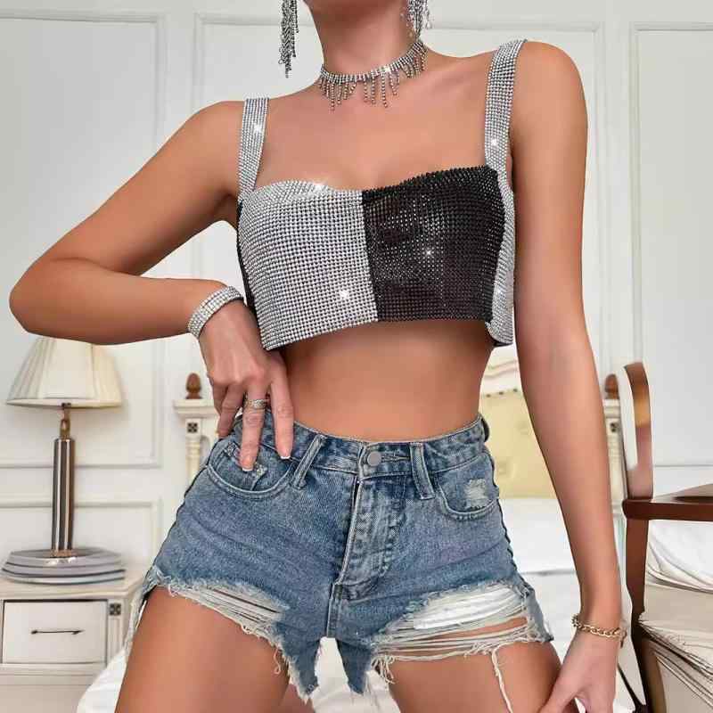 トップス レディース セクシー ナイトクラブ パーティー ラインストーン キラキラ 切り替えデザイン ビキニ風 キャミソール ブラック シルバー メタリック光沢 夏(4)