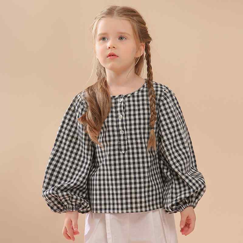 キッズ 女の子 シャツ ブラウス パフスリーブ 長袖 ラウンドネック チェック柄 レトロ プリンセス風 スクール風 かわいい 綿 春夏