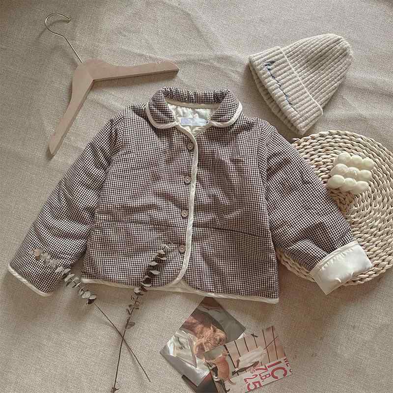 コート キッズ ベビー 男女兼用 秋冬 レトロ おしゃれ ダークブラウン チェック柄 厚手 暖かい 裏起毛 保温 襟付き 長袖 綿 ポリエステル中綿 シングルボタン ジャケット アウター