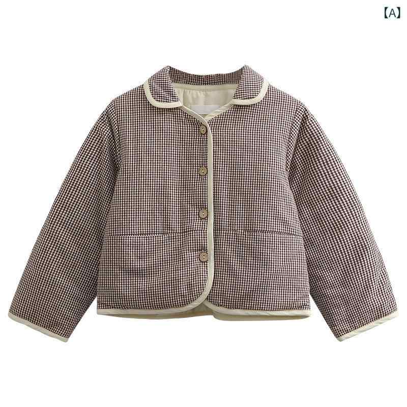 コート キッズ ベビー 男女兼用 秋冬 レトロ おしゃれ ダークブラウン チェック柄 厚手 暖かい 裏起毛 保温 襟付き 長袖 綿 ポリエステル中綿 シングルボタン ジャケット アウター