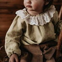 シャツ 女の子 キッズ 子供服 かわいい ガーリー ラウンドネック 丸襟 レース フリル 長袖 ブラウス トップス 春秋 綿 麻混紡 ナチュラル 配色切り替え ライトブラウン