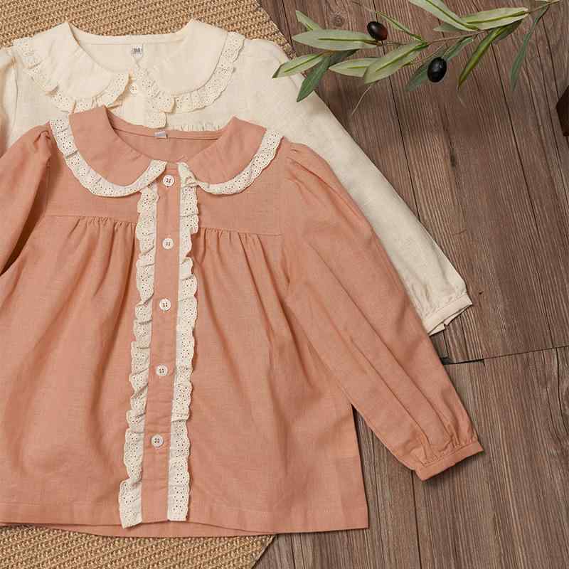ブラウス キッズ 綿麻 バイカラー 襟付き レース切り替え パフスリーブ かわいい デザイン トップス 春夏 普段使い お出かけ アプリコット オレンジピンク