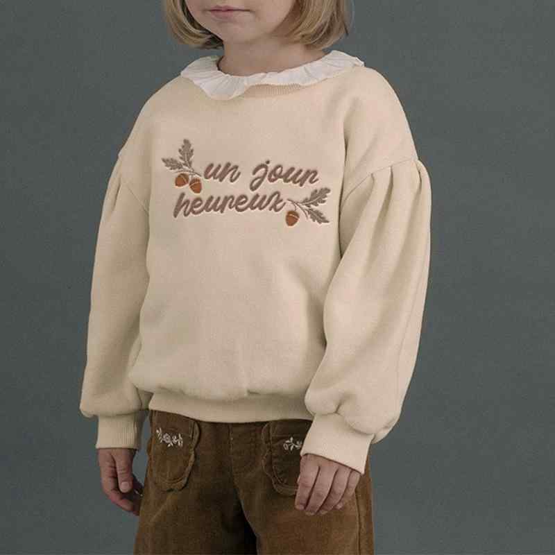 キッズ 女の子 スウェット 綿100% クルーネック 長袖 パフスリーブ レトロ 配色刺繍 薄手 柔らか 普段使い トップス プルオーバー 春秋 アプリコットホワイト ダスティピンク