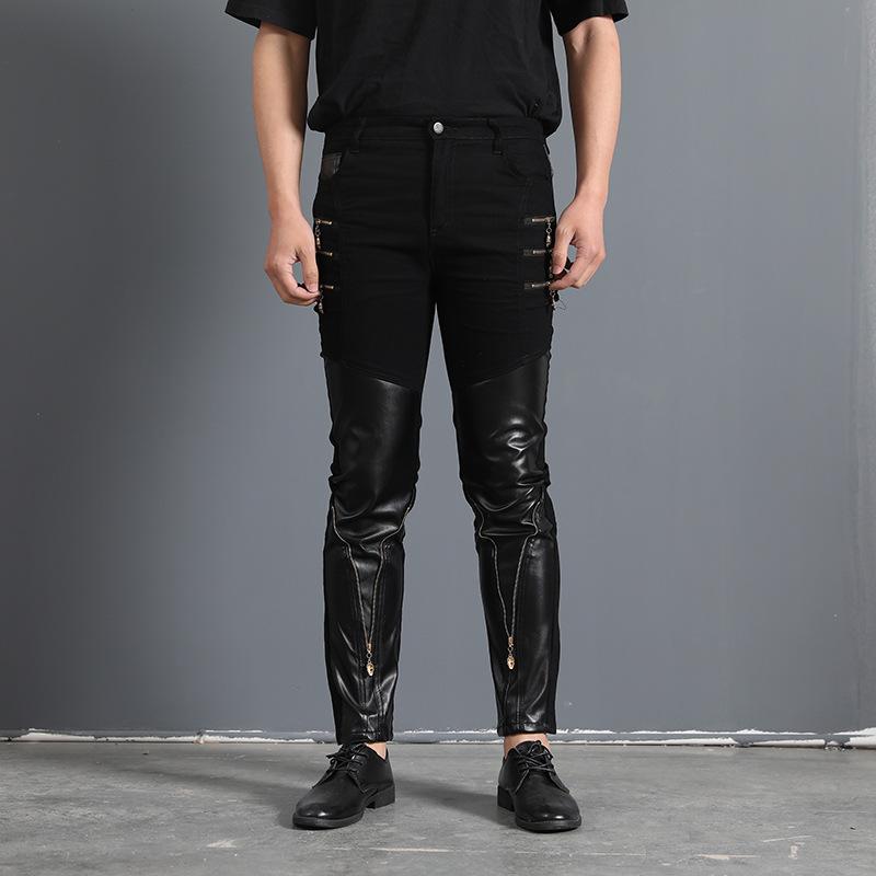 パンツ メンズ スキニーパンツ スリム ドクロジップ フェイクレザー 切り替え ブラック コットン スト..