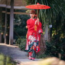振袖 レディース 改良版 着物 日本伝統 花柄 百合 赤 シワになりにくい 着付け簡単 ポリエステル 成人式 卒業式 フォーマル