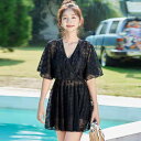 水着 レディース フリル 半袖 カバーアップ ワンピース セパレート ボックスショーツ ギャザー 寄せ上げ セクシー 体型カバー 着痩せ ブラック 高伸縮性 耐久性 春夏 プール ビーチ 海水浴