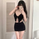 水着 レディース セパレート 3点セット ナイロン ブラック 体型カバー ワイヤー入り パッド付き セクシー スリム バックシャン ビーチ リゾート 温泉 プール 海水浴 春夏