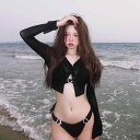 水着 女性用 レディース セクシー ビキニ 欧米風 スリーピース セパレート スイムウェア 長そで ラッシュガード 三角ショーツ パッド入り バックレス 耐久性 ナイロン素材 ブラック 春夏 リゾート ビーチ プール