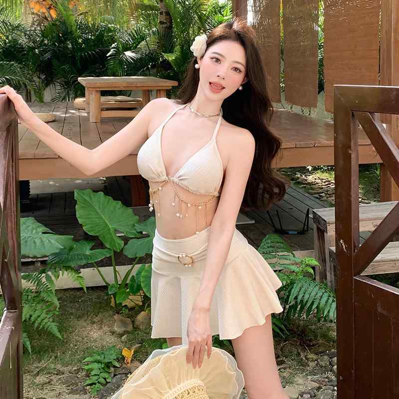 水着 レディース 韓国風 ビキニ セパレート セットアップ スカート ナイロン スパンデックス 伸縮性 ヘルシー セクシー チェーン ハイウエスト パッド付き ノンワイヤー リゾート 温泉 プール 海水浴 春夏