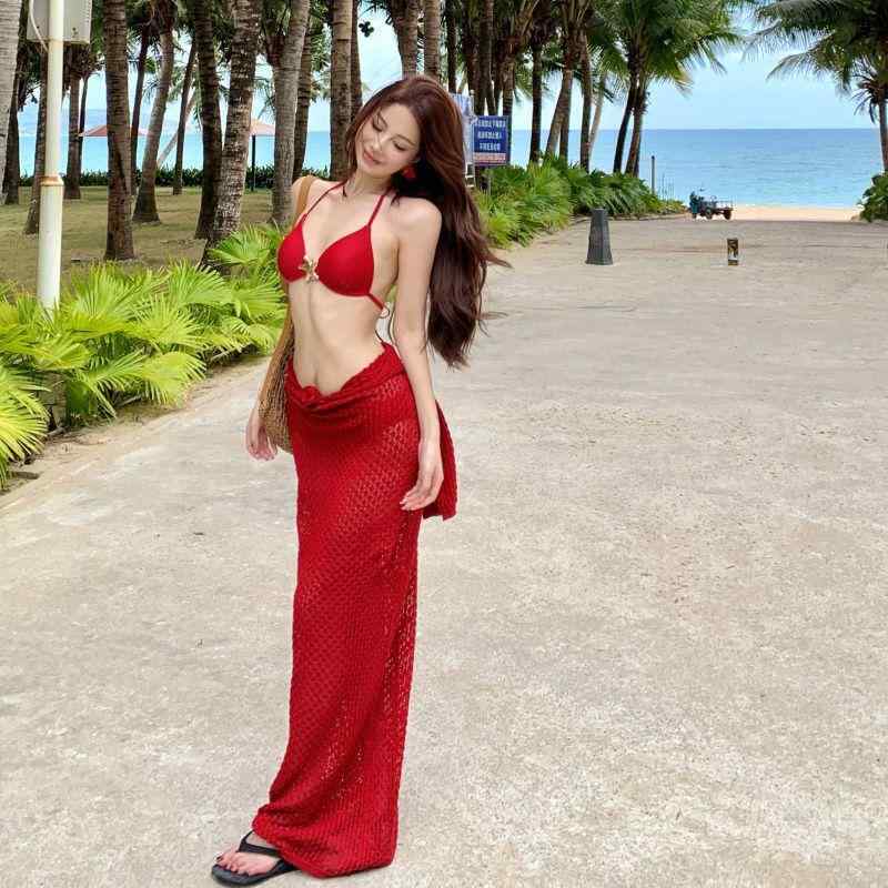 水着 レディース ビキニ スリーピース 3点セット ロングスカート マキシ丈 レッド 赤 セクシー 高級感 春夏 ビーチ プール リゾート 旅行 ナイロン 高弾性 速乾