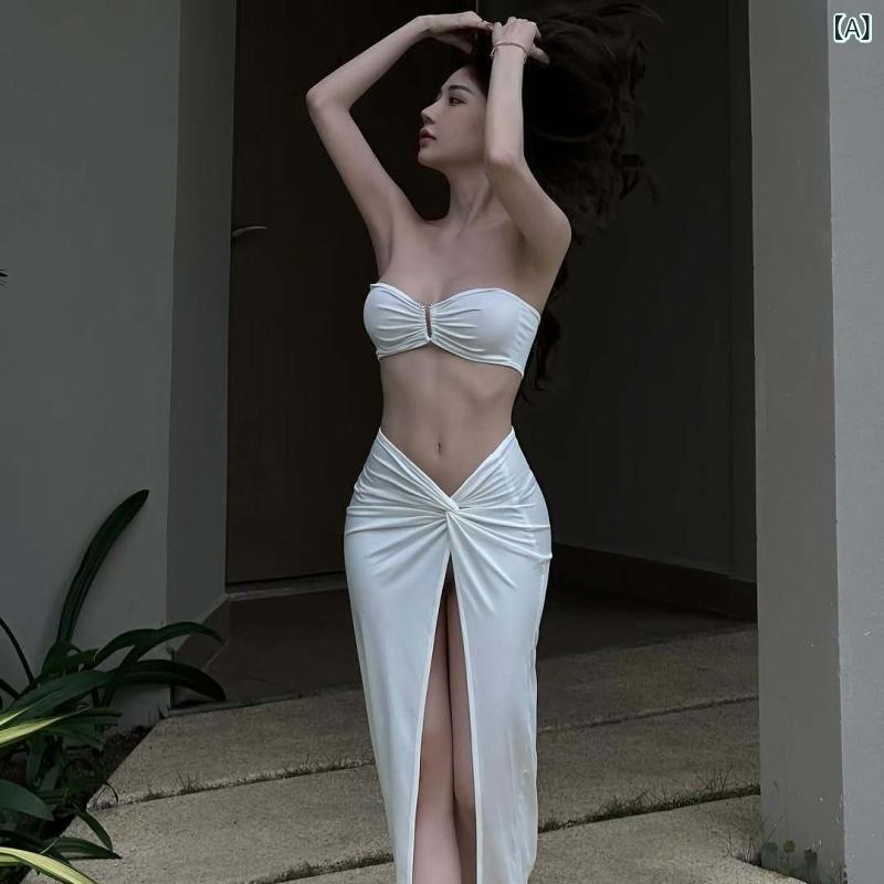 水着 レディース ビキニ セパレート チューブトップ ローカット ロング丈 セクシー 欧米風 ビーチ リゾート 温泉 プール 無地 速乾 伸縮性 バックオープン タイト ホワイト