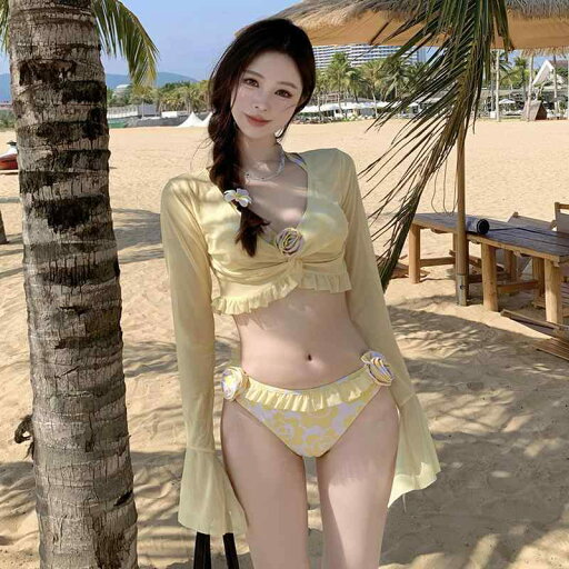 水着 レディース インフルエンサー ビキニ セパレート 3点セット 長袖 ハイウエスト 体型カバー 胸パッド付き ノンワイヤー 高弾性 フェミニン ビーチ リゾート 海水浴 スイムウェア 水着 レディース インフルエンサー ビキニ セパレート 3点セット 長袖 ハイウエスト 体型カバー 胸パッド付き ノンワイヤー 高弾性 フェミニン ビーチ リゾート 海水浴 スイムウェア