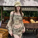 水着 レディース セパレート ビキニ 長袖 オフショルダー 大人かわいい 体型カバー ハイウエスト 花柄 スカート 韓国風 小胸さん向け リゾート 海 プール パッド入り 春夏(4)