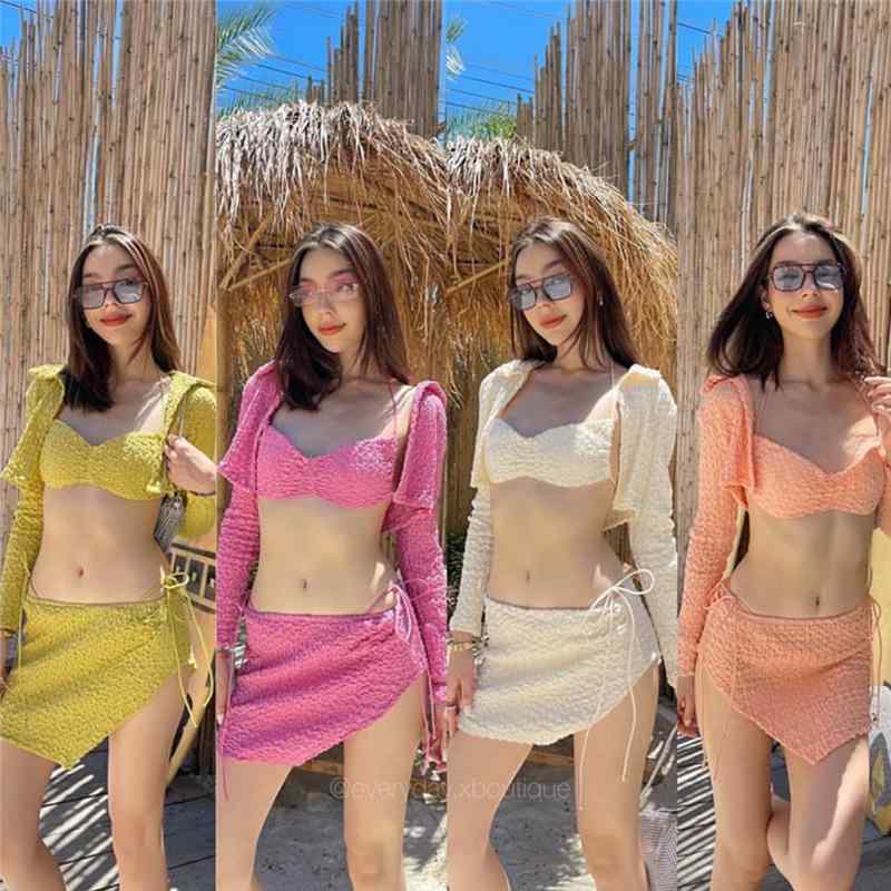 水着 レディース セパレート 3点セット 長袖 ビキニ スイムウェア セクシー エレガント ビーチ リゾート プール 体型カバー 胸パッド付き ナイロン ポリエステル スパンデックス 夏 多色展開