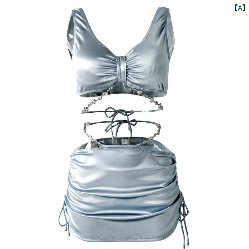 水着 レディース 女性用 ビキニ セパレート ツーピース 無地 スタイルアップ 体型カバー 細見え セクシー 背中見せ 光沢感 温泉 リゾート 海 プール スイミング ナイロン スパンデックス シルバー