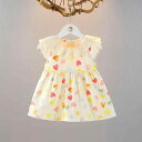 ワンピース 女の子 子供服 夏物 韓国風 プリンセス風 プリント カラフル ハート フリル 付け襟 綿 コットン Aライン ライトイエロー 柔らかい肌触り お出かけ 普段着