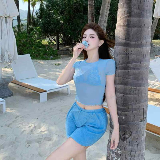 水着 レディース 欧米風 セクシー ラインストーン 純欲系 半袖 Tシャツ ラウンドネック カバーアップ ビキニ 4点セット ワイヤー入り スタイルアップ 春夏 水着 レディース 欧米風 セクシー ラインストーン 純欲系 半袖 Tシャツ ラウンドネック カバーアップ ビキニ 4点セット ワイヤー入り スタイルアップ 春夏