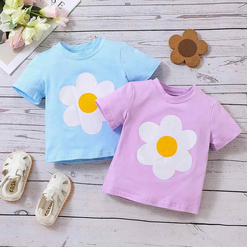 Tシャツ 子供 女の子 ベビー キッズ 半袖 トップス 綿 菊 花柄 かわいい 通気性 吸湿速乾 丸首 カジュアル ソフト 普段使い ライトブルー ピンク 春夏
