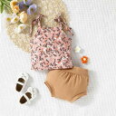 ベビー服 女の子 春夏 綿 小花柄 キャミソール フリル ノースリーブ トップス ギャザー かぼちゃパンツ 2点セット グレー 普段着 カジュアル セットアップ