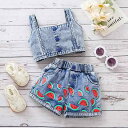 キッズ 女の子 デニム キャミソール スイカ柄 ショートパンツ 2点セット 春夏秋 綿 コットン 欧米風 カジュアル ライトブルー