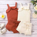 子供服 キッズ ユニセックス 欧米風 夏物 フリル キャミソール トップス ドローストリング ショートパンツ ニット セットアップ 再生繊維 無地 ホワイト ダークブラウン