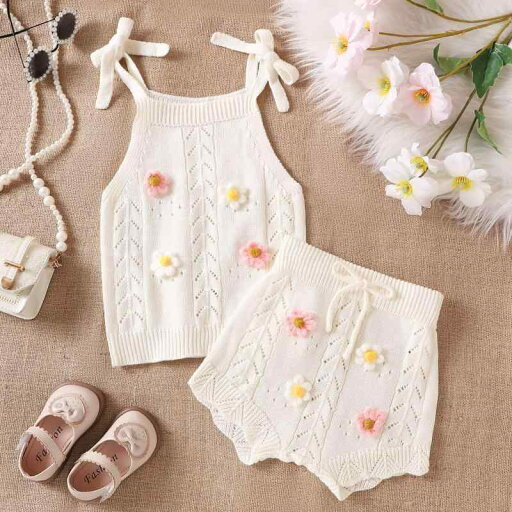 ベビー服 女の子 ベビー 春秋 ニット 透かし編み 刺繍 ノースリーブ ショートパンツ セットアップ 2点セット 0歳から3歳 ビスコース 花柄 薄手 アイボリー ベージュ お出かけ カジュアル ベビー服 女の子 ベビー 春秋 ニット 透かし編み 刺繍 ノースリーブ ショートパンツ セットアップ 2点セット 0歳から3歳 ビスコース 花柄 薄手 アイボリー ベージュ お出かけ カジュアル