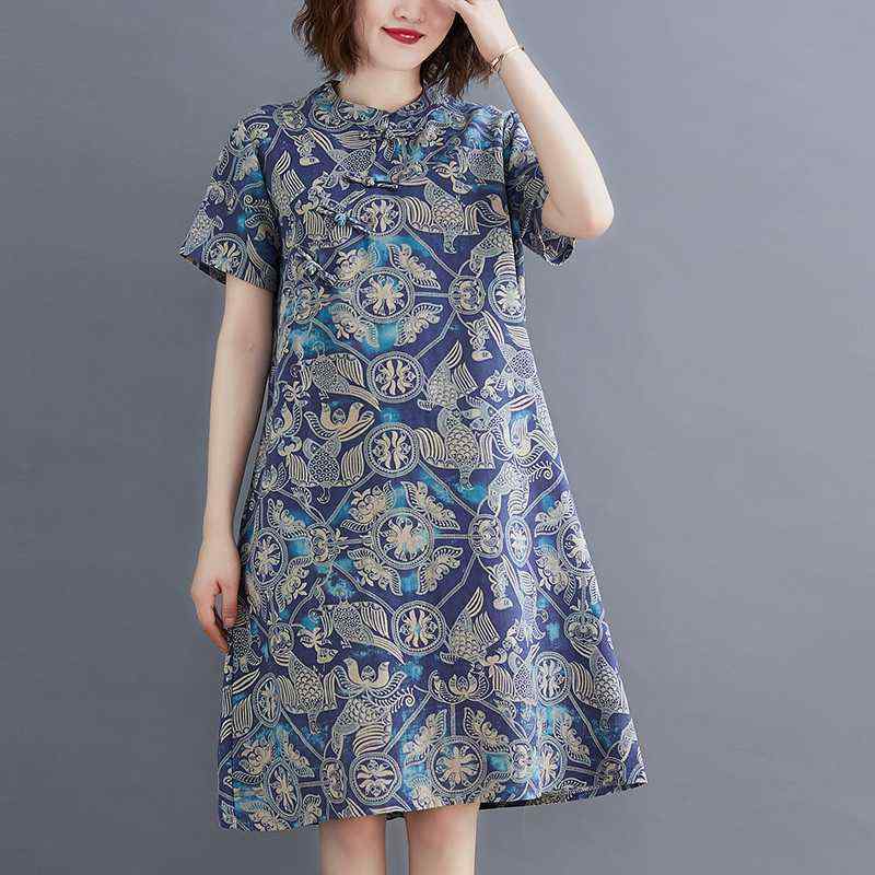 ワンピース レディース レトロ 民族風 綿麻 花柄 半袖 ラウンドネック Aライン ミモレ丈 チャイナドレス風 春夏(x2)