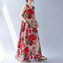 ワンピース レディース ボヘミアン ロング丈 ノースリーブ ラウンドネック 花柄 プリント 綿麻 フレア Aライン ゆったり 大きいサイズ 春夏 カジュアル リラックス(x2)