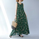 ワンピース レディース 夏 ボヘミアン マキシ丈 ゆったり 大きいサイズ ノースリーブ ラウンドネック 花柄 プリント 体型カバー フレア コットンリネン カジュアル グリーン(x2)