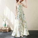 ワンピース レディース キャミソール 花柄 ボヘミアン ロング丈 夏 綿麻 大きいサイズ ビーチ リゾート 旅行 ラウンドネック ノースリーブ グリーン系 普段使い(x2)