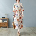 ワンピース レディース ゆったり 大きいサイズ Vネック 五分袖 ロング丈 花柄 エスニック ボヘミアン ウエストリボン 綿麻 春夏 Aライン カジュアル 快適(x2)