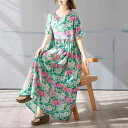 ワンピース レディース シンプル おしゃれ ボヘミアン ロング丈 春夏 ゆったり 大きいサイズ 体型カバー 半袖 ラウンドネック 花柄プリント Aライン フレア コットンリネン ドレス(x2)