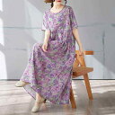 ワンピース レディース シンプル おしゃれ ボヘミアン ロングワンピース マキシ丈 春夏 ゆったり 半袖 ラウンドネック 花柄 コットンリネン ラベンダー Aライン カジュアル 体型カバー(x2)