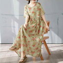 ワンピース レディース 春夏 ボヘミアン 花柄 ロング丈 ゆったり 大きいサイズ 半袖 ラウンドネック 綿麻 カジュアル ベージュ系 フレア Aライン(x2)