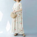 ワンピース レディース ボヘミアン ロング丈 ゆったり 大きいサイズ 花柄 プリント 半袖 ラウンドネック 綿麻 Aライン 白 夏 カジュアル 普段使い 快適(x2)
