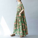 ワンピース レディース ボヘミアン ロング丈 春夏 半袖 ラウンドネック 花柄 ゆったり 大きいサイズ 綿麻 プリント フレア Aライン グリーン カジュアル 普段使い リラックス おしゃれ(x2)