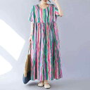 ワンピース レディース 夏 ボヘミアン 花柄 ロングワンピース 半袖 ラウンドネック マキシ丈 Aライン フレア ゆったり オーバーサイズ 体型カバー 大きいサイズ シンプル カジュアル 綿麻 コットンリネン ストライプ パープル リゾート(x2)
