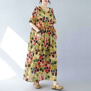 ワンピース レディース ボヘミアン ロング丈 ゆったり 体型カバー フリル袖 ラウンドネック イエロードット柄 綿麻 春夏 リゾート カジュアル Aライン(x2)