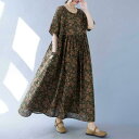 ワンピース レディース ボヘミアン風 ロング丈 ゆったり 半袖 フリルスリーブ ラウンドネック 花柄 総柄プリント 綿麻素材 Aライン フレア 体型カバー 春夏 カジュアル リゾート デイリーユース(x2)