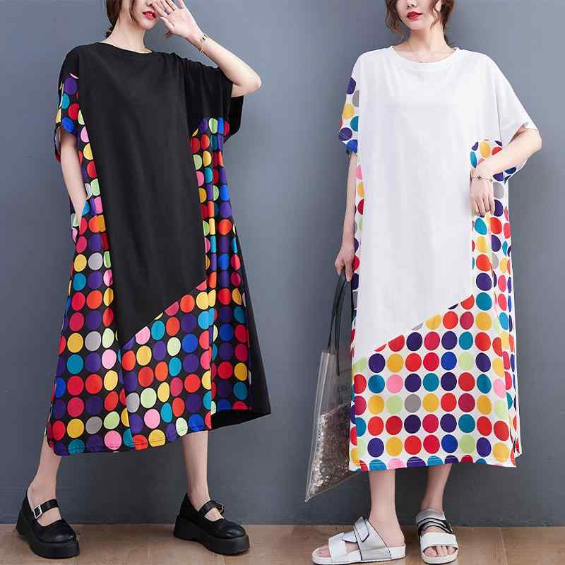 ワンピース レディース 夏物 韓国風 大きいサイズ ゆったり ドット柄 プリント 切り替えデザイン ラウンドネック ミディ丈 綿素材 Aラインシルエット ポケット付き レトロ 上品 五分袖 黒 白 フリーサイズ(x2)