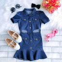 デニムワンピース キッズ 女の子 女児 子供服 コットン 綿 ボタン ポケット付き スタンドカラー カットアウト Aライン カジュアル 春夏秋 ダークブルー 紺色