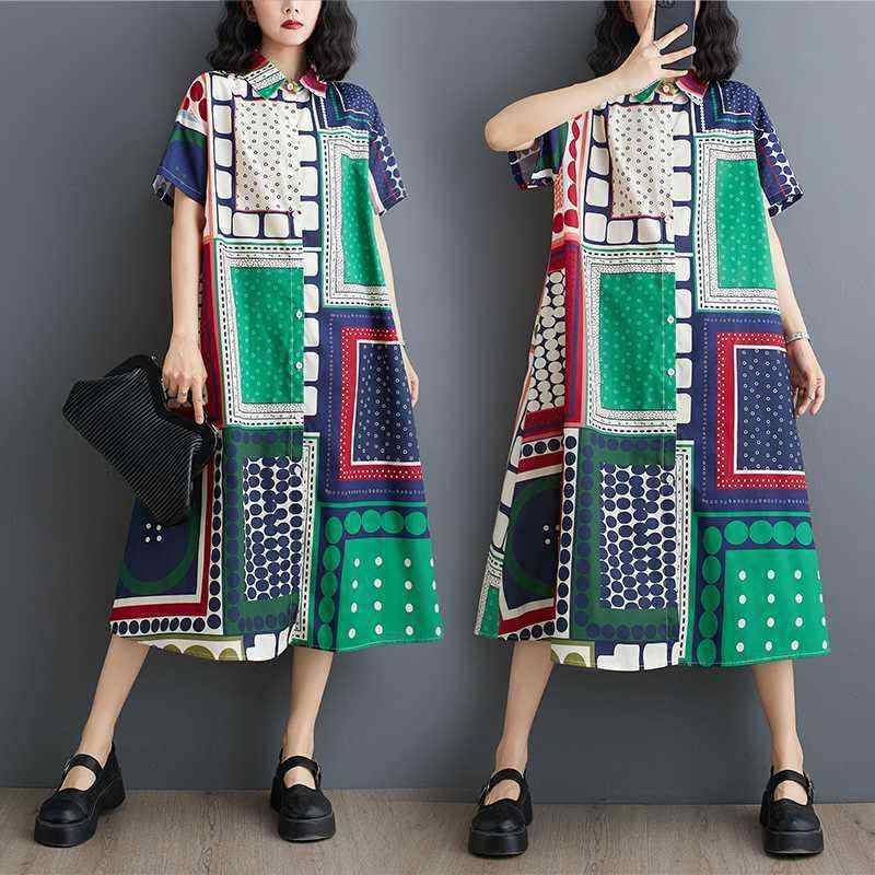 ワンピース レディース 半袖 ゆったり 大きいサイズ おしゃれ 総柄 着痩せ効果 ミディ丈 韓国風 綿麻素材 ラウンドネック フリル袖 Aライン 夏物 カジュアルスタイル(x2)