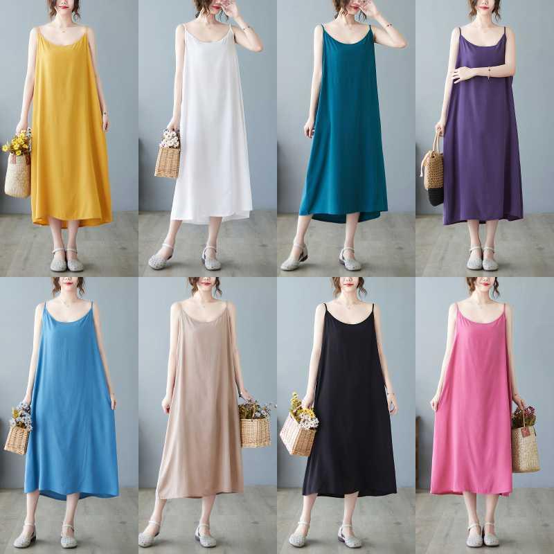 キャミソールワンピース レディース 夏 快適 ゆったり 大きいサイズ カジュアル 着回し 体型カバー 綿 無地 8色展開 ロング丈 ノースリーブ ラウンドネック デイリーユース マキシ丈 Aライン(x2)