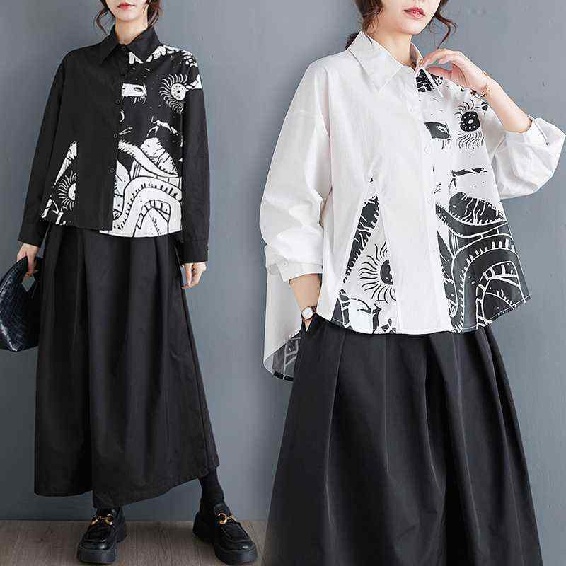 シャツ レディース 春夏 無地 プリント 長袖 切り替え 前後差丈 ゆったり 体型カバー 大きいサイズ アクリル 通勤 オフィス きれいめ ボタン プリーツ ホワイト ブラック(x2)